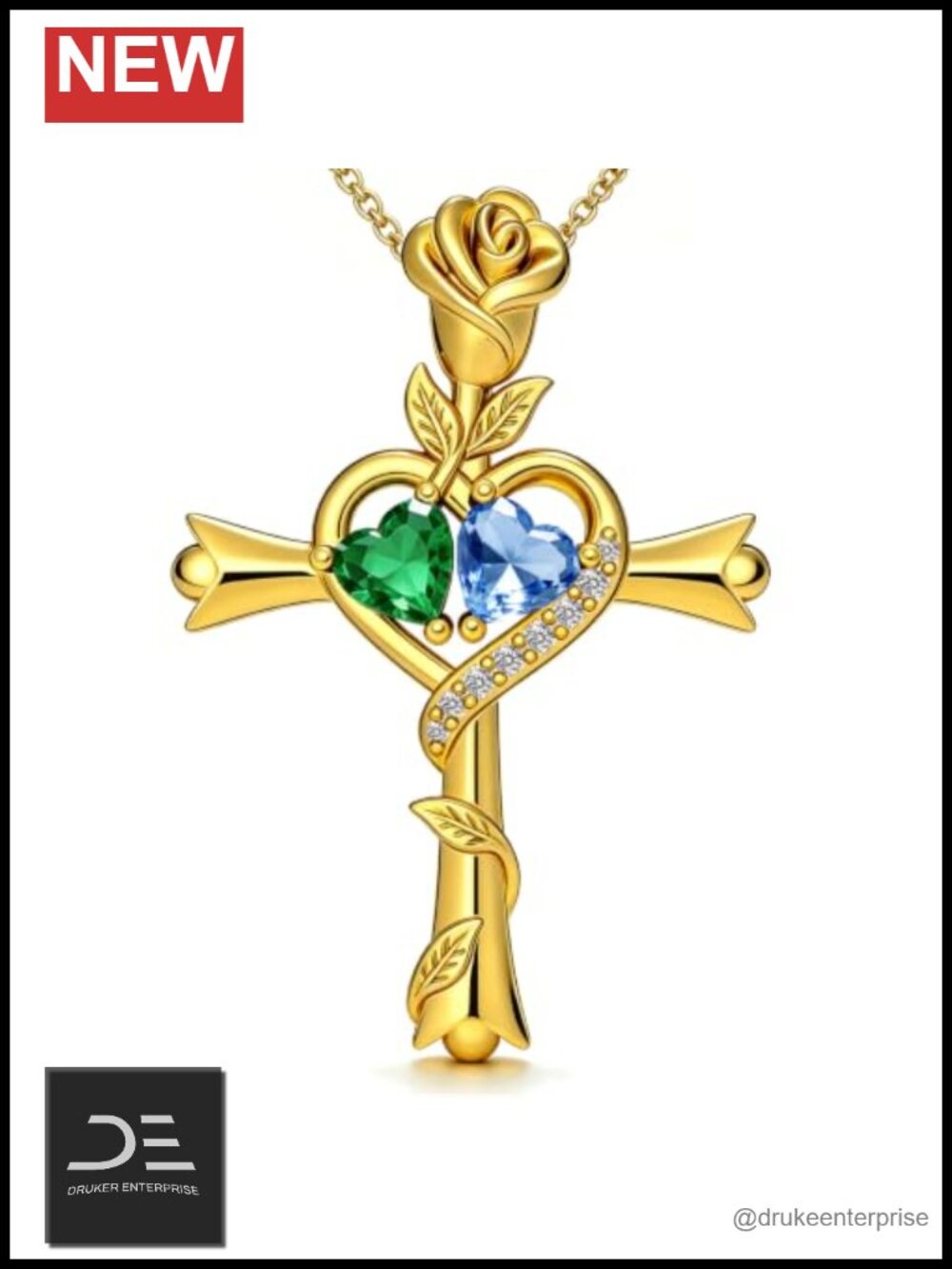 18K Gold Plated Cross Necklace with Two Heart Birthstones Adjustable Chain